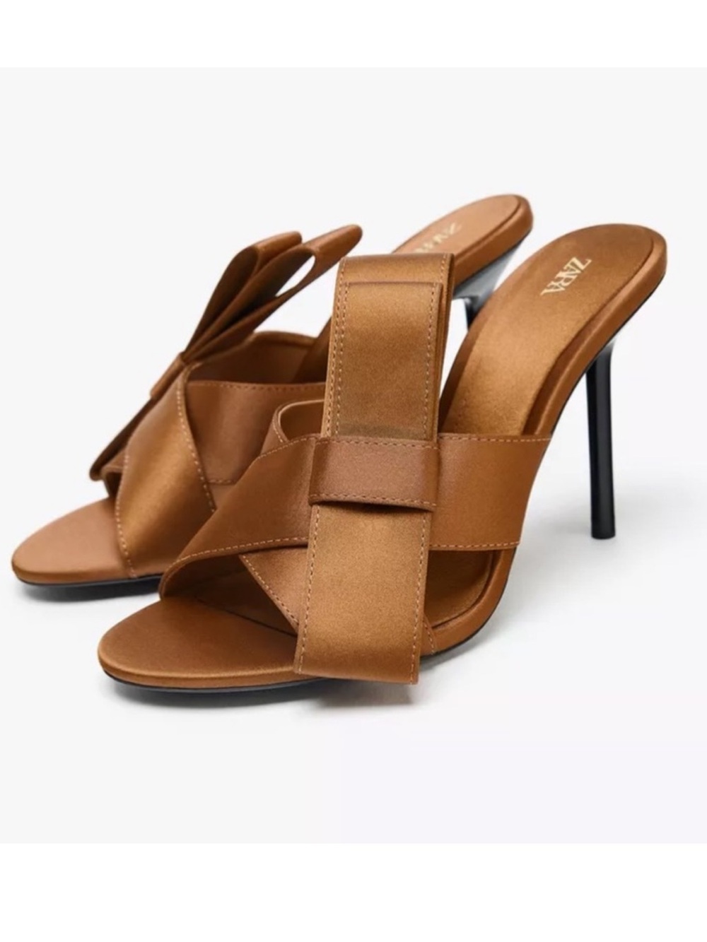 NEW ZARA Open-toe slide High Heel   dramatic criss-cross bow Satin Warm Brown 10